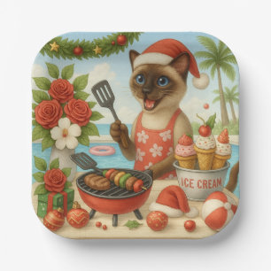 Cat Christmas Summer July Pool Party Paper Plate