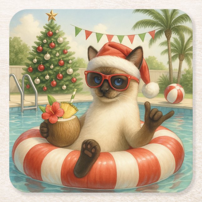 Cat Christmas Summer July Pool Party Square Paper Coaster (Front)