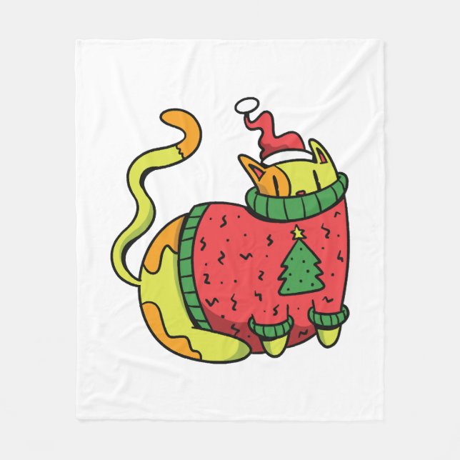 Cat Christmas Sweater Fleece Blanket (Front)