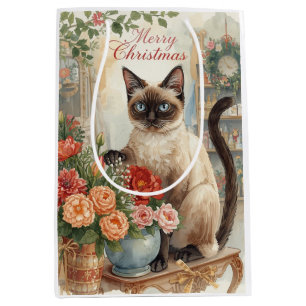 Cat Christmas themed by Siamese cat in florist Medium Gift Bag