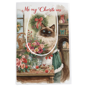Cat Christmas themed by Siamese cat in florist Medium Gift Bag