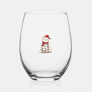 Cat Christmas Tree Christmas (1) Stemless Wine Glass
