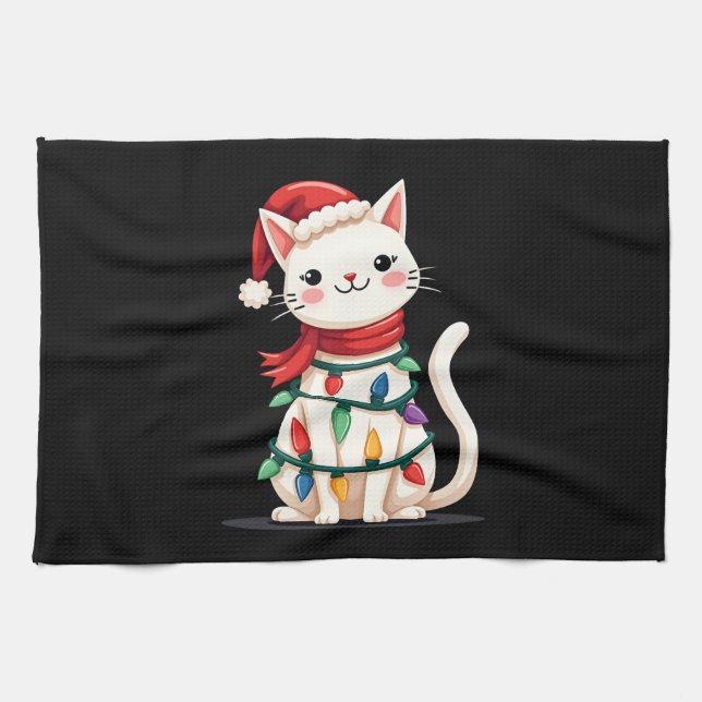 Cat Christmas Tree Christmas (1) Tea Towel (Horizontal)