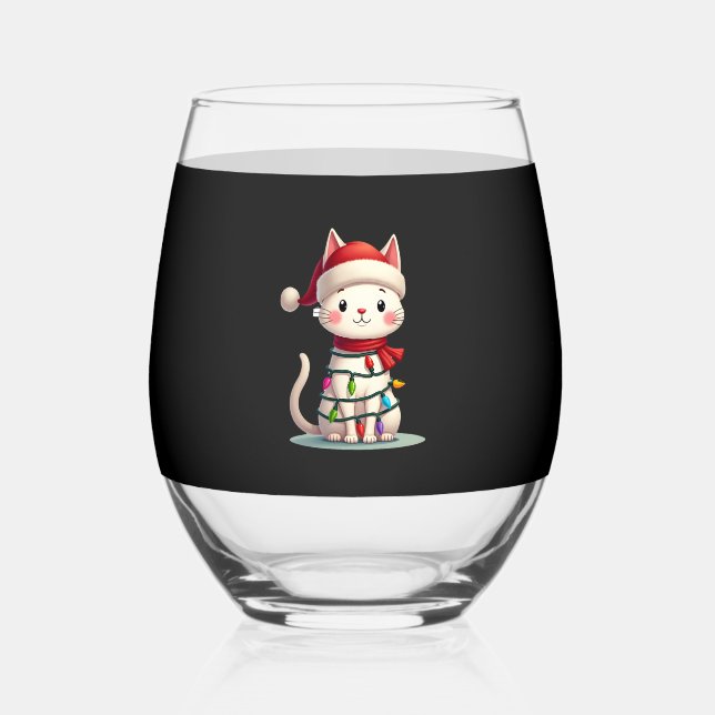Cat Christmas Tree Christmas (3) Stemless Wine Glass (Front)