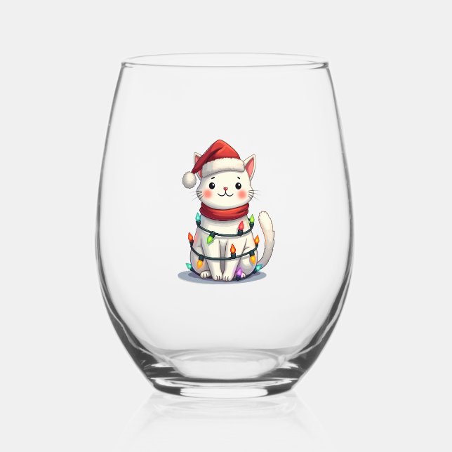 Cat Christmas Tree Christmas Stemless Wine Glass (Front)