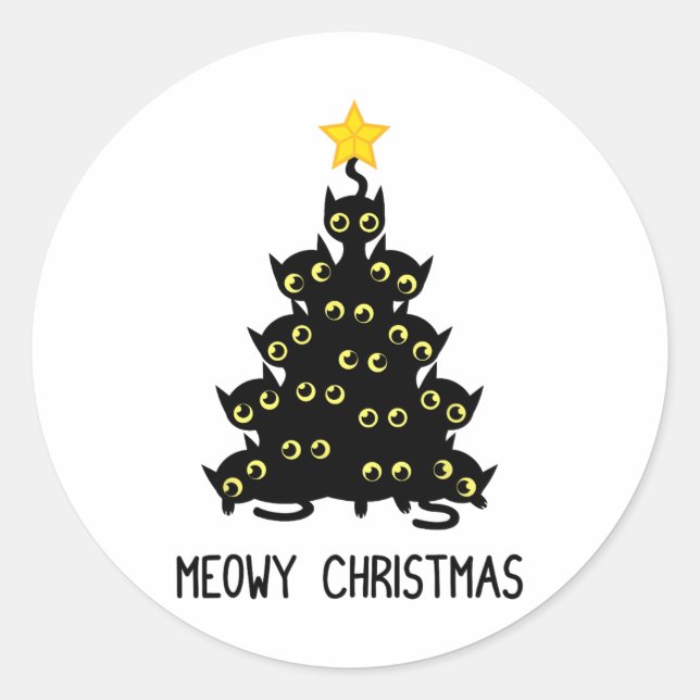 Cat Christmas Tree Cute Black Kitten Lover Meowy W Classic Round Sticker (Front)