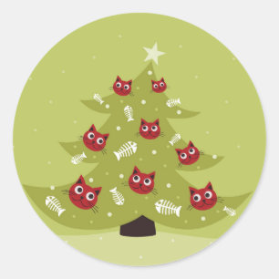 Cat Christmas Tree With Fish Ornaments Classic Round Sticker