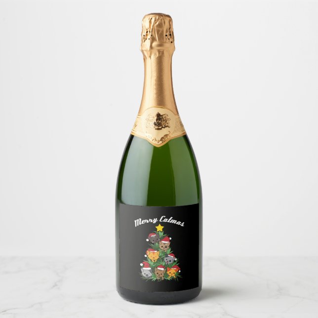 Cat Christmas Tree Xmas Christmas Present & Gift Sparkling Wine Label (Front)