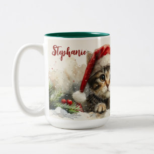 Cat Christmas Watercolor Cute Kitten  Two-Tone Coffee Mug
