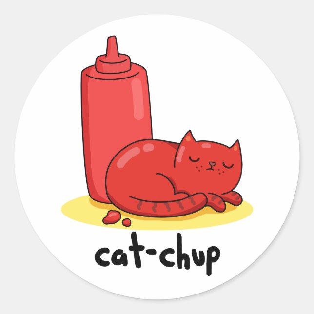 Cat-chup Funny Red Ketchup Cat Pun  Classic Round Sticker (Front)