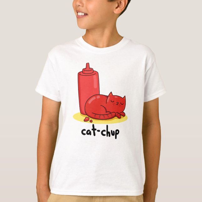 Cat-chup Funny Red Ketchup Cat Pun  T-Shirt (Front)