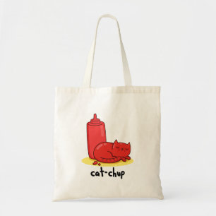 Cat-chup Funny Red Ketchup Cat Pun Tote Bag