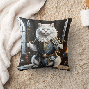 Cat Clad in Armour Wielding Sword and Spear Cushion