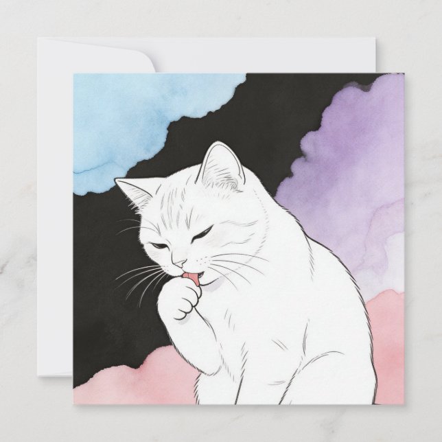 Cat Cleaning Its Paw Invitation (Front)