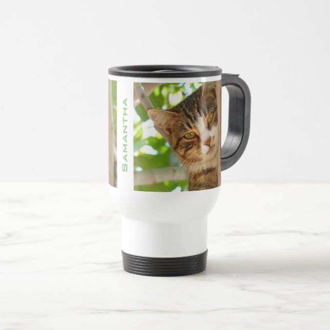 Cat Climbing a Tree Personalised Travel Mug (Front Right)