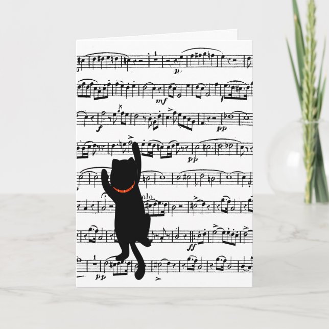 Cat Climbing On Music Birthday Card (Front)