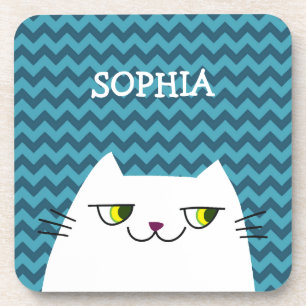 Cat Coaster Monogram Blue Chevron Cute