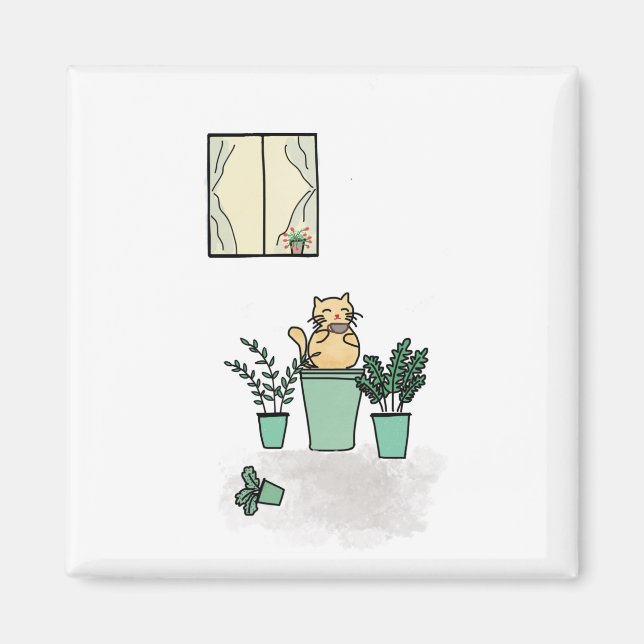 Cat Coffee Window Plants Planters Green Magnet (Front)