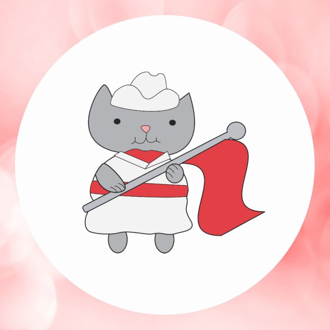 Cat Colour Guard Red White Classic Round Sticker (A sticker featuring a gray kitty cat in a red and white color guard uniform.)