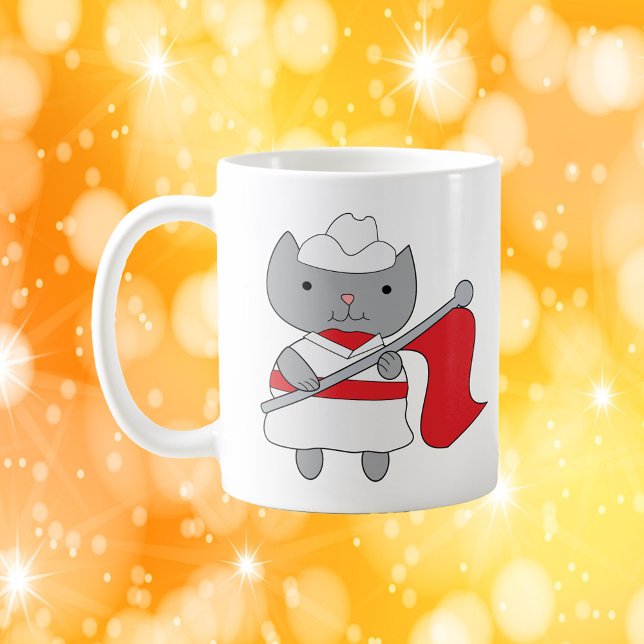 Cat Colour Guard Red White Coffee Mug (A mug with a gray cat wearing a red and white color guard uniform.)