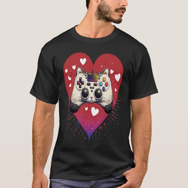 Cat controller gaming Cute Kitten Heart Kitty Love T-Shirt (Front)