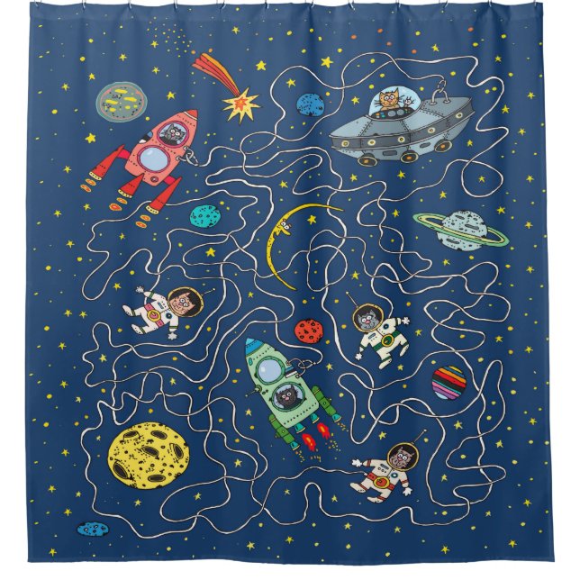 cat cosmos cosmonaut rocket shower curtain (Front)