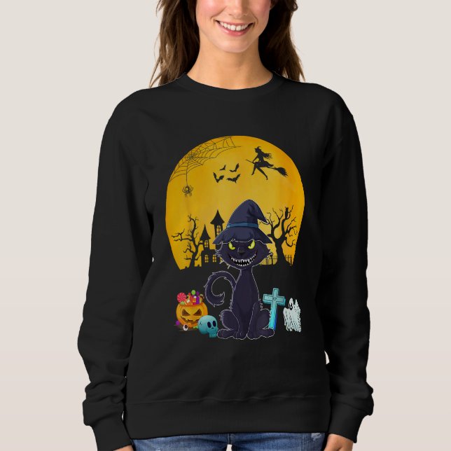 Cat Costume Halloween Witch Horror Carved Pumpkin Sweatshirt (Front)
