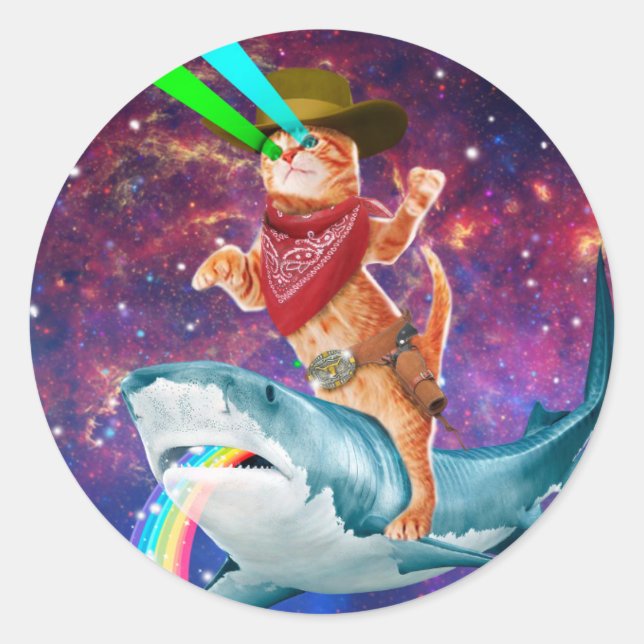 Cat Cowboy riding a Shark spewing a Rainbow Classic Round Sticker (Front)