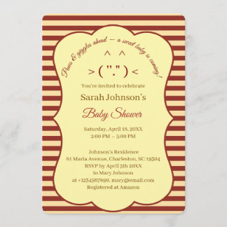 Cat Cream Burgundy Stripes Baby Shower  Invitation