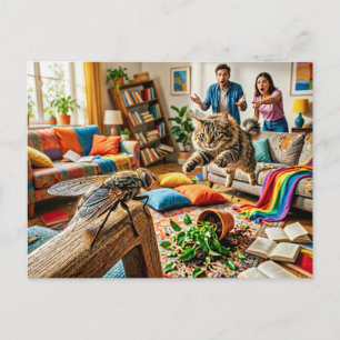 Cat Creates Chaos Chasing Fly Postcard