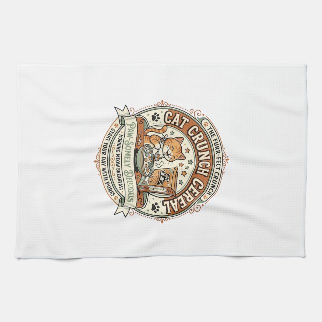 Cat Crunch Cereal Cat Breakfast Cereal Box Cat Vin Tea Towel (Horizontal)