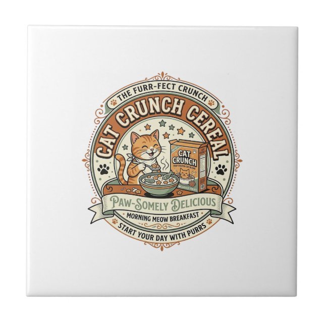 Cat Crunch Cereal Cat Breakfast Cereal Box Cat Vin Tile (Front)