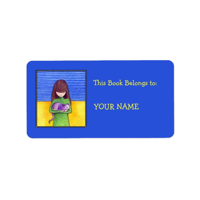 Cat Cuddle blue Bookplate Label (Front)