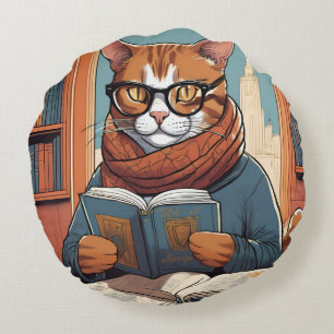 Cat cushion. Cute Cat reading a book. Round Cushion