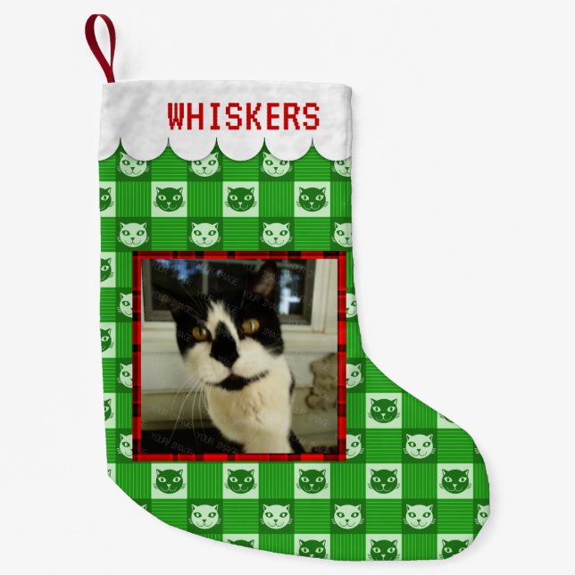 Cat Custom Add Photo Name Green Kitty Gingham Cute Small Christmas Stocking (Front)