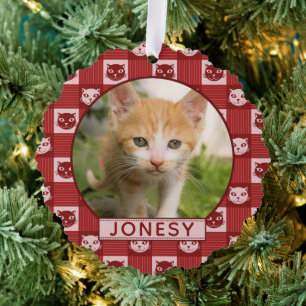 Cat Custom Photo and Name Red Paw Print Gingham Tree Decoration Card