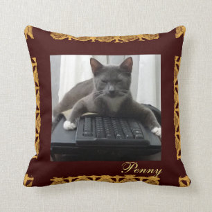 Cat Customisable Pet Photo Maroon & Gold Cushion