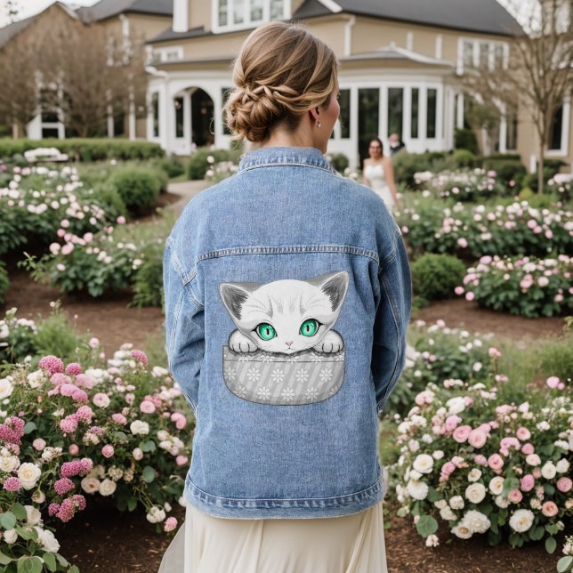 Cat Cute and Playful peaking from a Pocket Denim Jacket (Wedding Back)