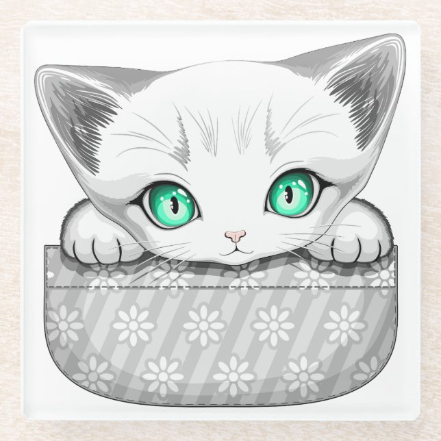 Cat Cute and Playful peaking from a Pocket Glass Coaster (Front)