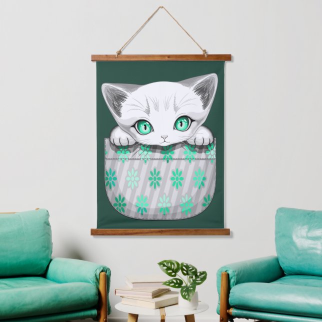 Cat Cute and Playful peaking from a Pocket Hanging Tapestry (Living Room)