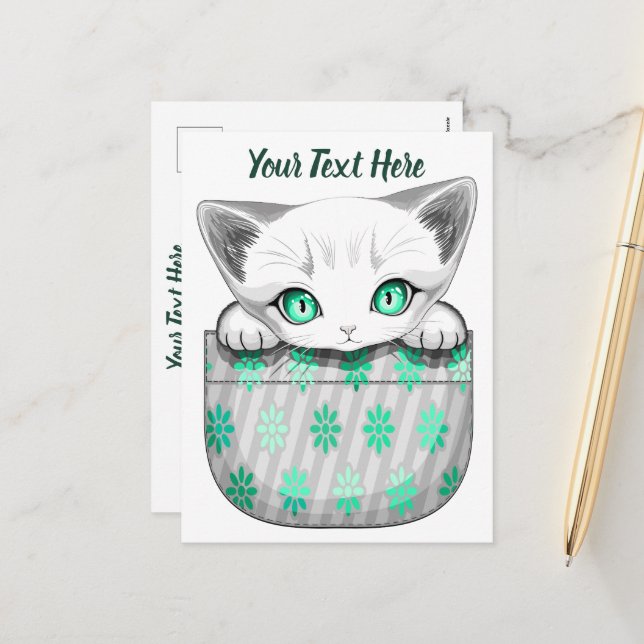 Cat Cute and Playful peaking from a Pocket Holiday Postcard (Front/Back In Situ)