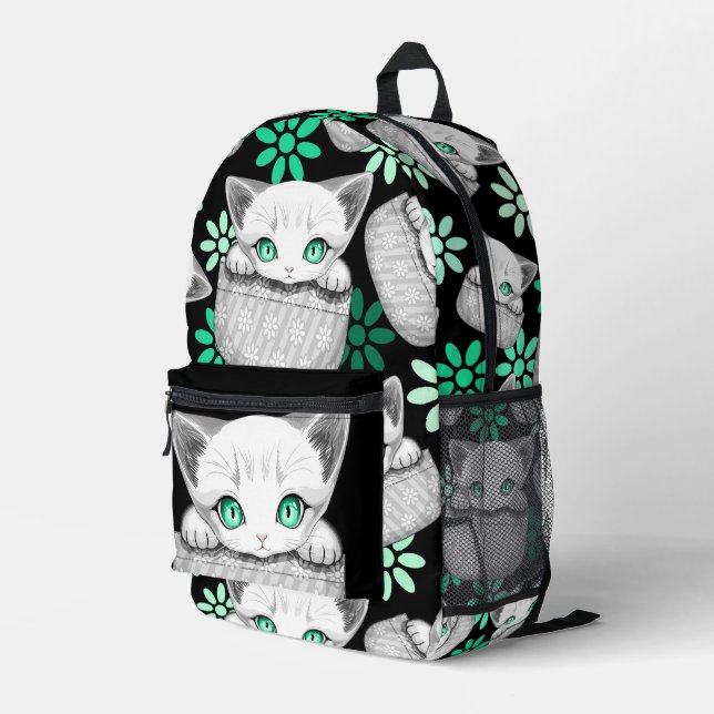Cat Cute and Playful peaking from a Pocket Printed Backpack (Back Corner Right)