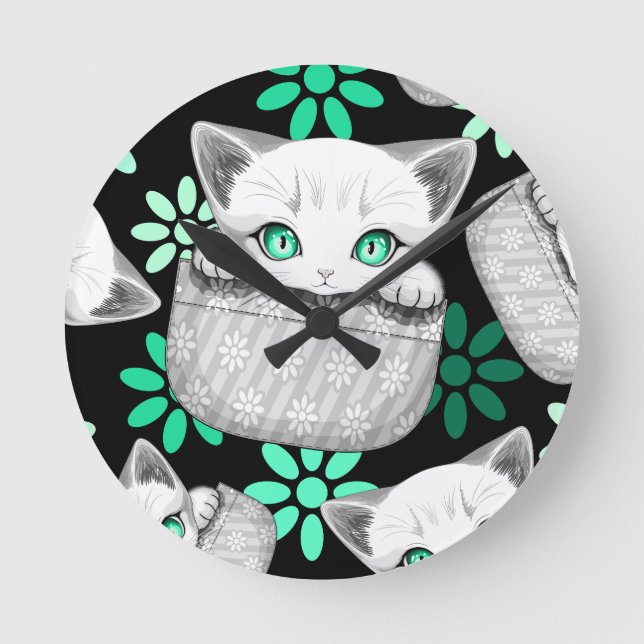 Cat Cute and Playful peaking from a Pocket Round Clock (Front)