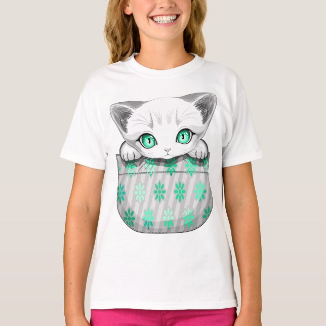 Cat Cute and Playful peaking from a Pocket T-Shirt (Front)