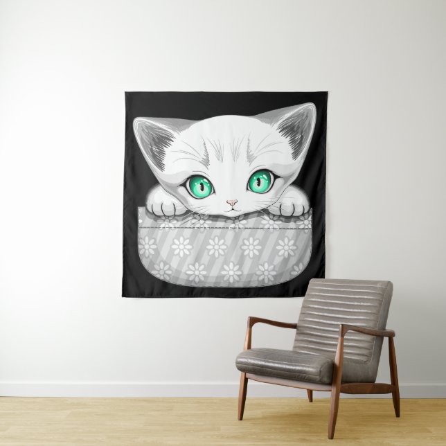 Cat Cute and Playful peaking from a Pocket Tapestry (In Situ)