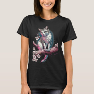 Cat Cute Japanese Cherry Tree Animal Pet Illustrat T-Shirt