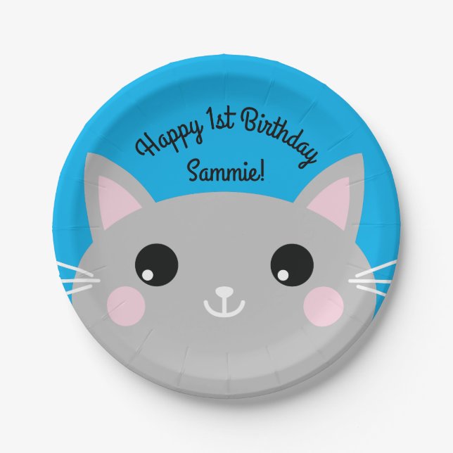 Cat Cute Kitty Colourful 1st Birthday Party Theme Paper Plate (Front)