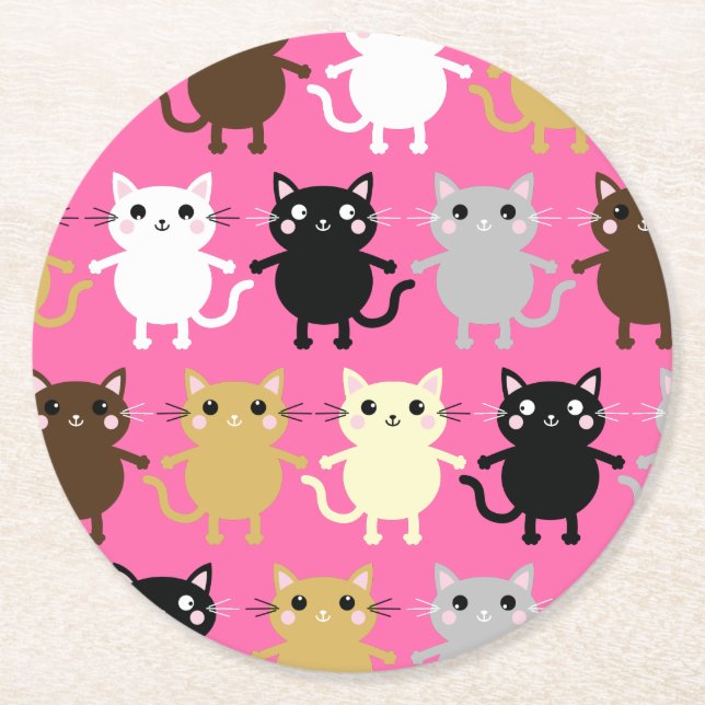 Cat Cute Kitty Colourful 1st Birthday Party Theme Round Paper Coaster (Front)