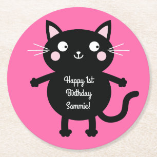 Cat Cute Kitty Kid's Birthday Party Theme Round Paper Coaster