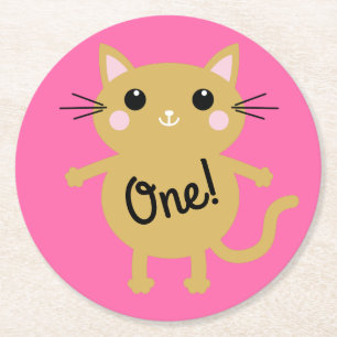 Cat Cute Kitty Kid's Birthday Party Theme Round Paper Coaster